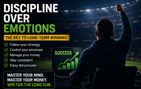 A motivational infographic for the emotional discipline in online betting guide featuring a person cheering in front of a laptop displaying a "SUCCESS" growth chart. The image highlights the theme "DISCIPLINE OVER EMOTIONS: THE KEY TO LONG-TERM WINNING" with a checklist for success: follow your strategy, control your emotions, manage your money, stay consistent, and enjoy the process. The design is finished with a call to action to master your mind and money to win for the long run, set against a vibrant stadium background.