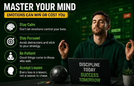 A professional educational graphic for an emotional discipline in online betting guide titled "Master Your Mind: Emotions Can Win or Cost You." The image features a man in a green hoodie meditatively sitting in front of a laptop with "Discipline Today, Success Tomorrow" written on it. To his left, a checklist outlines key psychological strategies: "Stay Calm," "Stay Focused," "Be Patient," and "Accept Losses." A black soccer ball sits on the desk against a background showing a live digital betting interface.